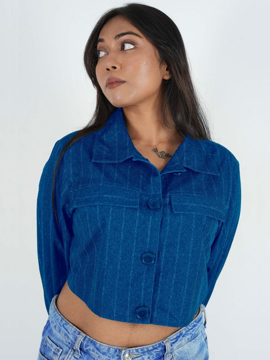 Maanver Printed  Blue Cropped Shacket Maanver.com
