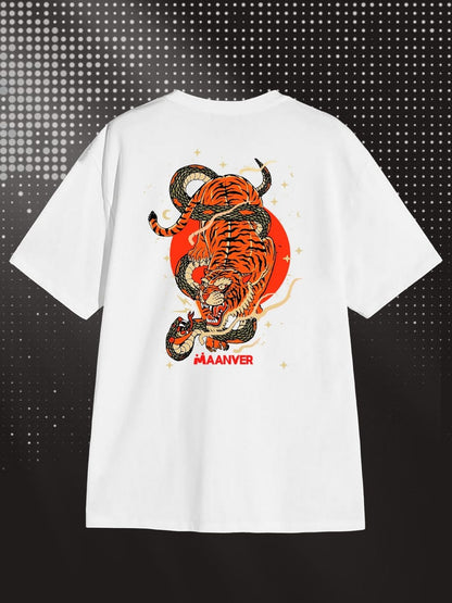 White Oversized Graphic T-Shirt – Tiger & Snake Print