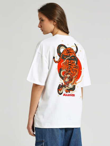 White Oversized Graphic T-Shirt – Tiger & Snake Print