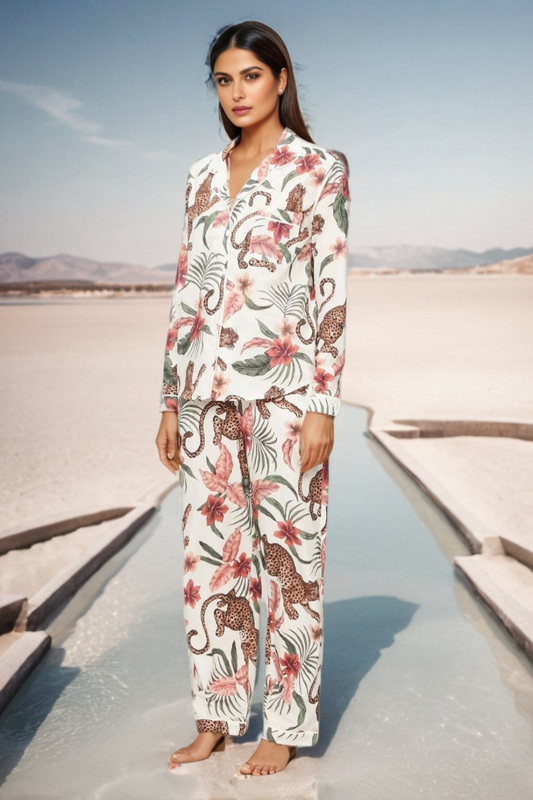 Animal White Print Satin Cotton Coords - Maanver.com