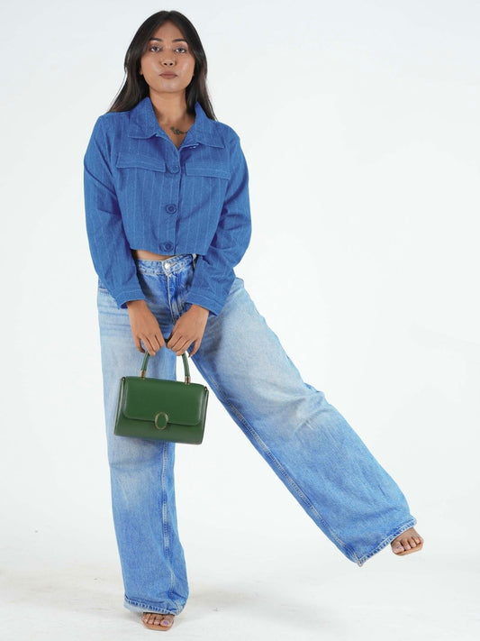 Maanver Printed Denim Blue Cropped Shacket Maanver.com