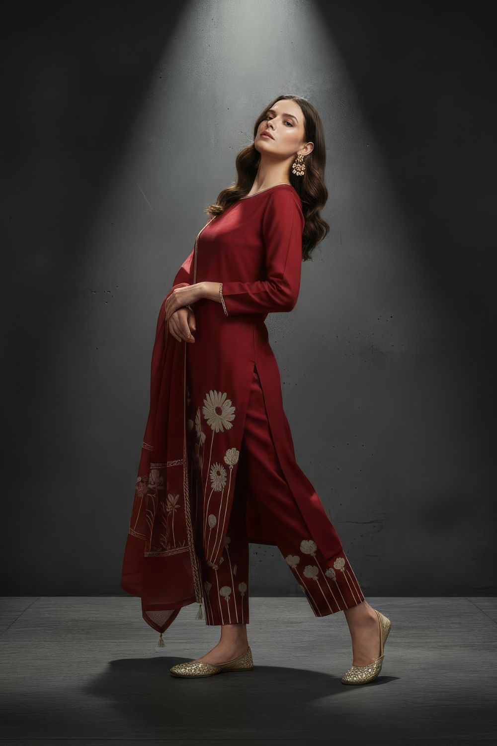 Deep Red Chanderi Silk Blend Kurta-Pant Set Maanver.com
