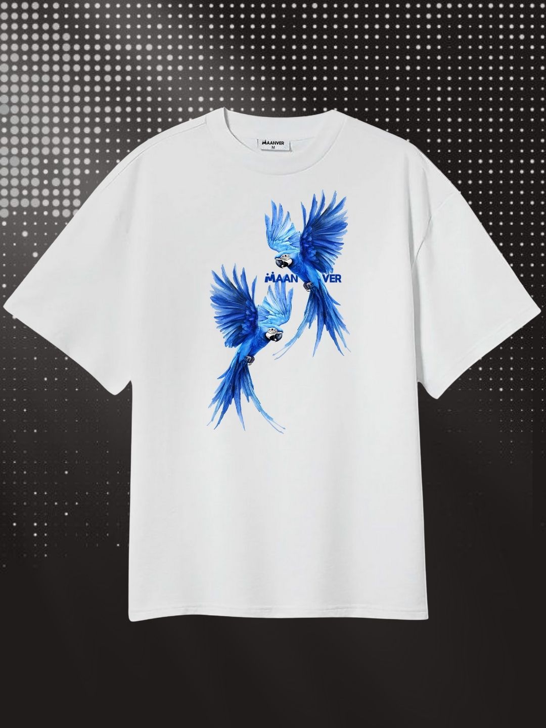 White Blue Parrot Graphic Oversized T-Shirt – Trendy Streetwear Style Maanver.com