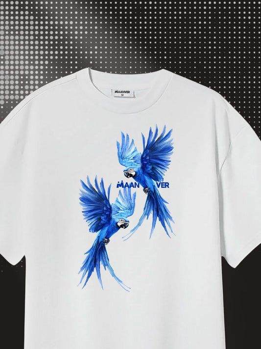 White Blue Parrot Graphic Oversized T-Shirt – Trendy Streetwear Style Maanver.com
