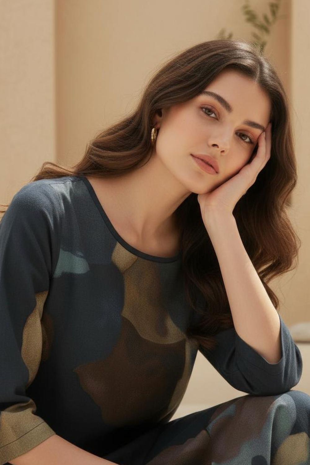 Women's Stylish Loungewear Set-Comfortable Abstract Print Top with Wide Leg Pants, Navy & Earth Tones Maanver.com