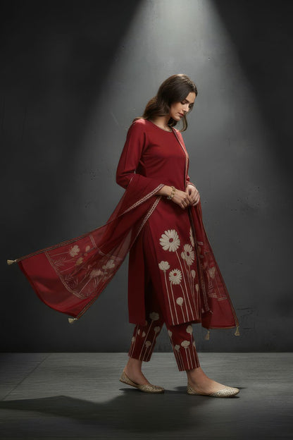 Deep Red Chanderi Silk Blend Kurta-Pant Set Maanver.com