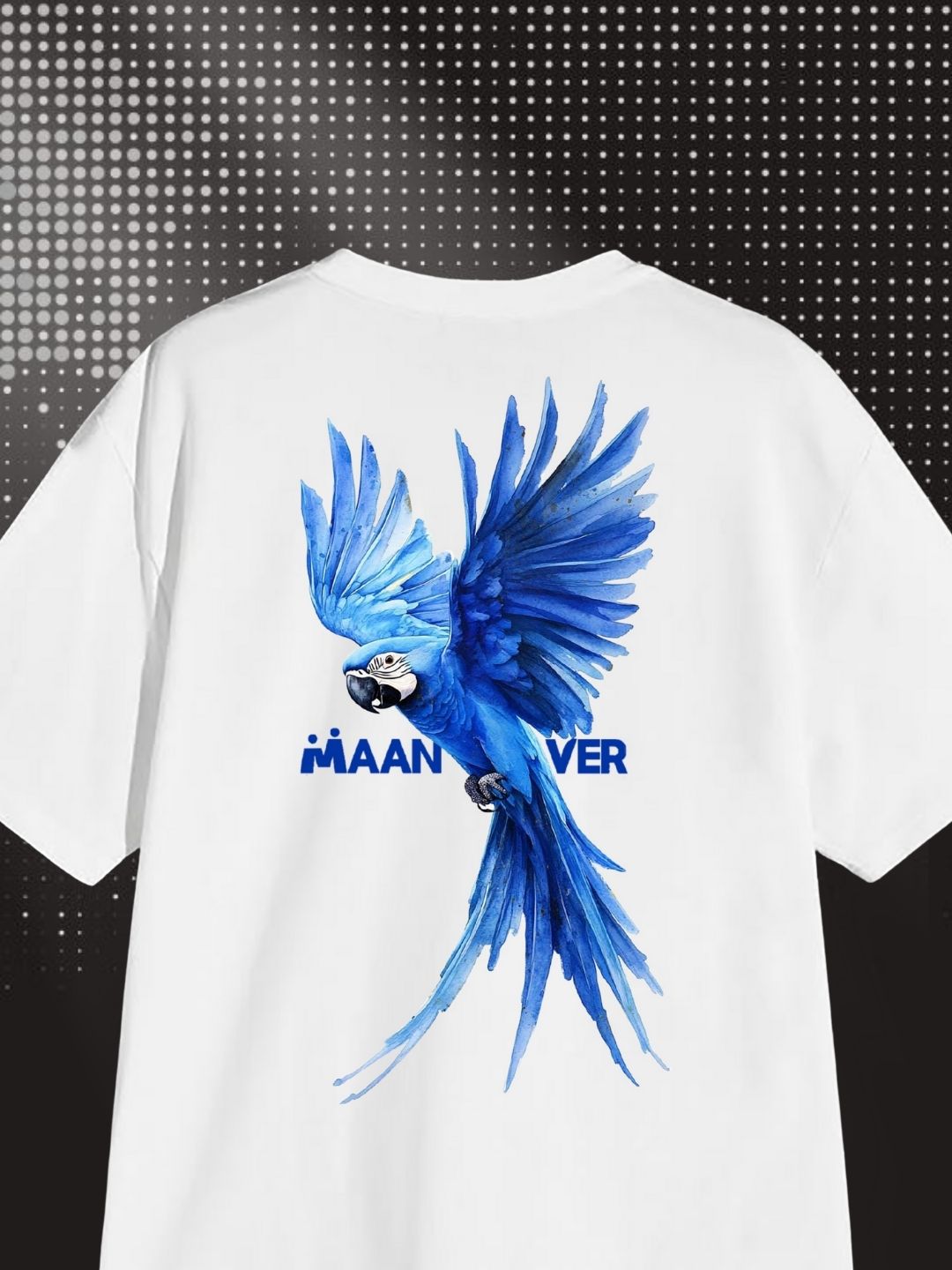 White Blue Parrot Graphic Oversized T-Shirt – Trendy Streetwear Style Maanver.com