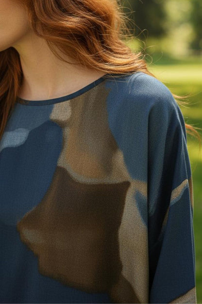 Women's Stylish Loungewear Set-Comfortable Abstract Print Top with Wide Leg Pants, Navy & Earth Tones Maanver.com