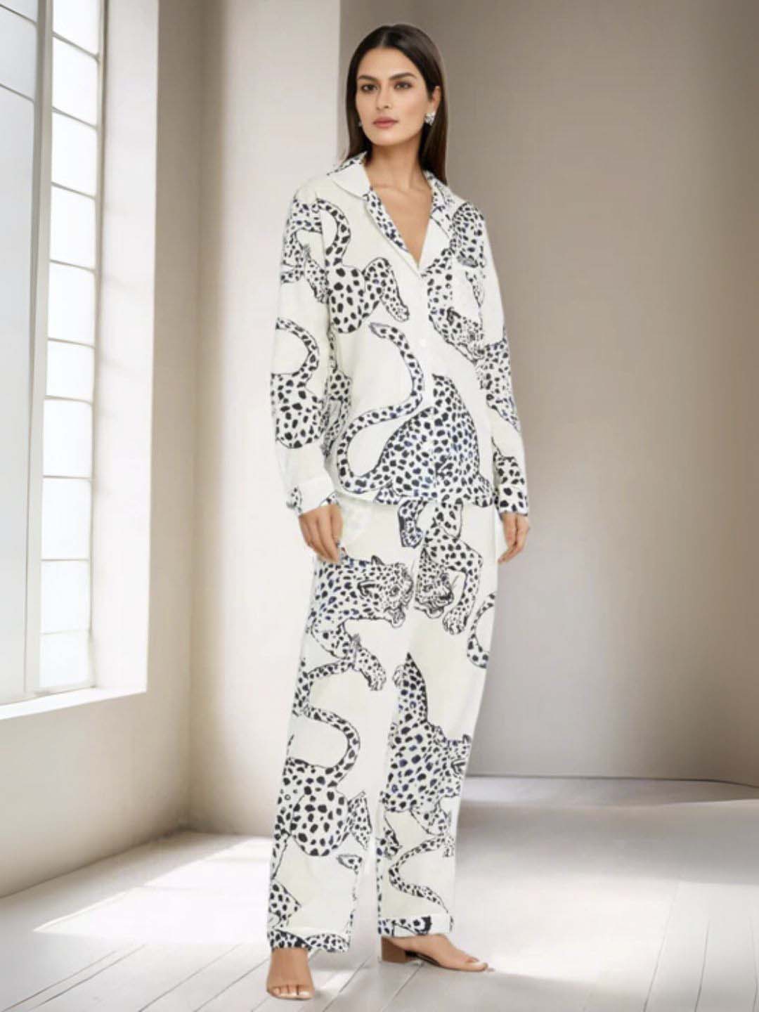 Animal White Print Satin Cotton Coords Maanver.com