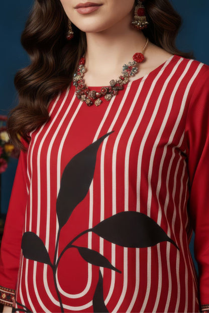 Red Floral Leaf Print Kurta Set