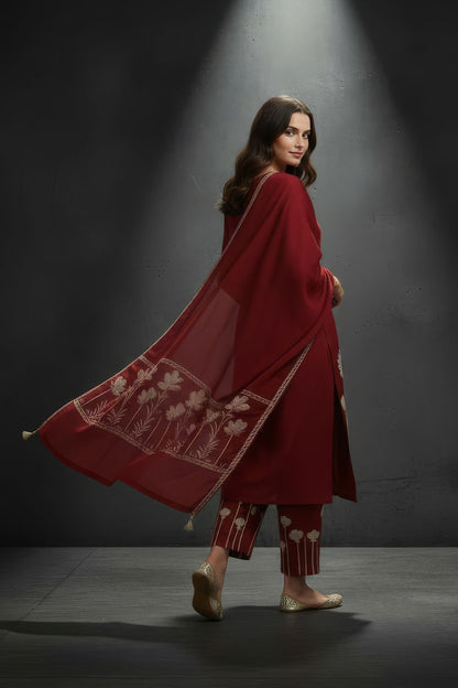 Deep Red Chanderi Silk Blend Kurta-Pant Set Maanver.com
