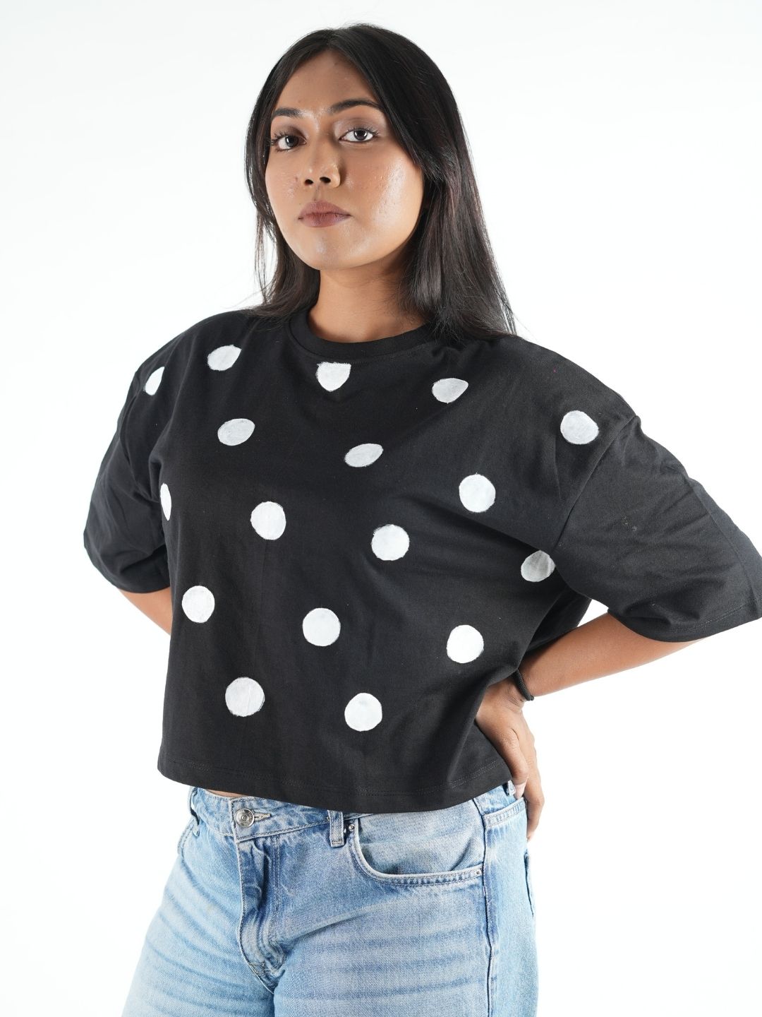 Black Polka Crop Top Oversized T-shirt maanver clothing