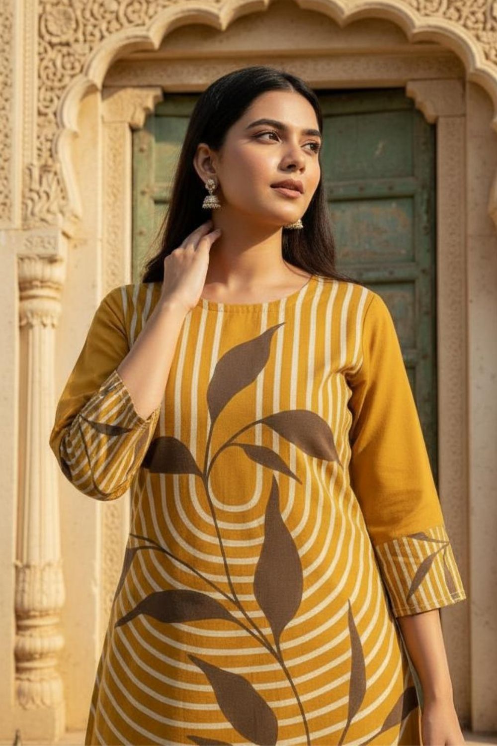 Mustard Leaf Print Kurta Set for Haldi Celebrations Maanver.com