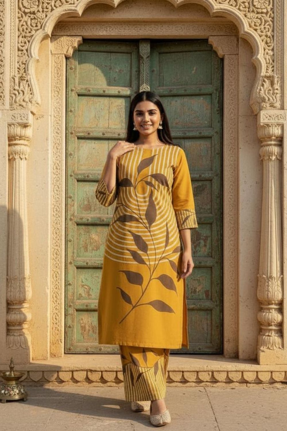 Mustard Leaf Print Kurta Set for Haldi Celebrations Maanver.com