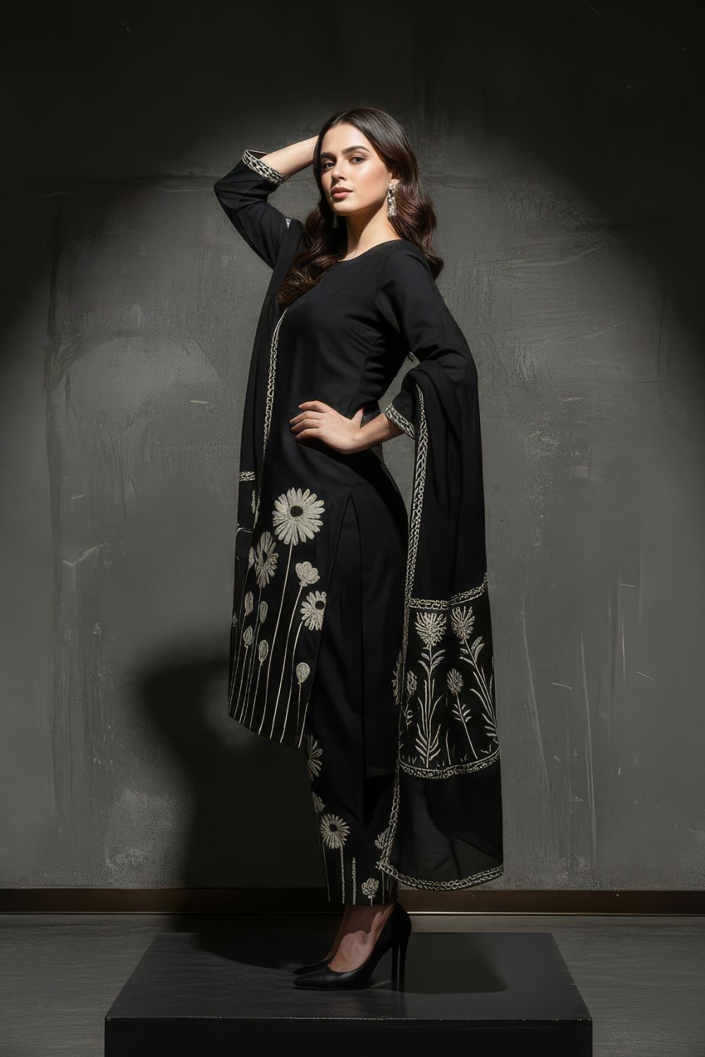 Black Floral Print Kurta Set Maanver.com