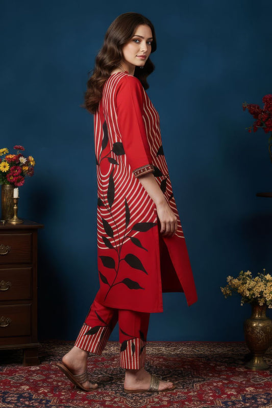 Red Floral Leaf Print Kurta Set