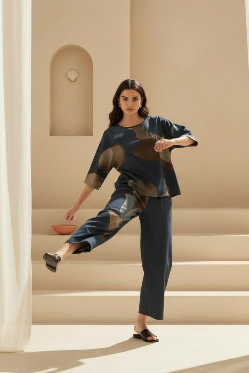 Women's Stylish Loungewear Set-Comfortable Abstract Print Top with Wide Leg Pants, Navy & Earth Tones Maanver.com