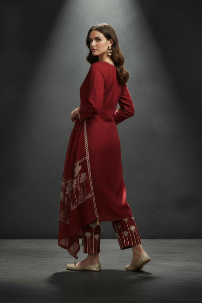 Deep Red Chanderi Silk Blend Kurta-Pant Set Maanver.com
