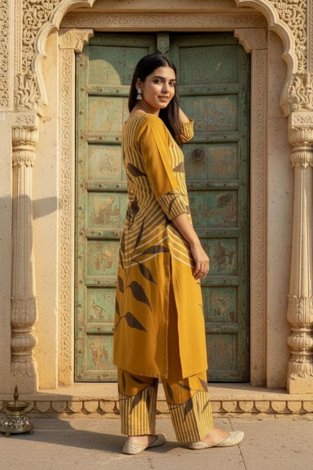 Mustard Leaf Print Kurta Set for Haldi Celebrations Maanver.com