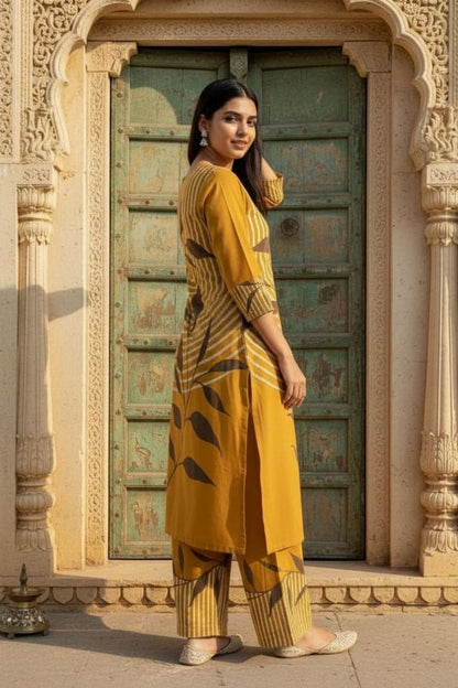 Mustard Leaf Print Kurta Set for Haldi Celebrations Maanver.com