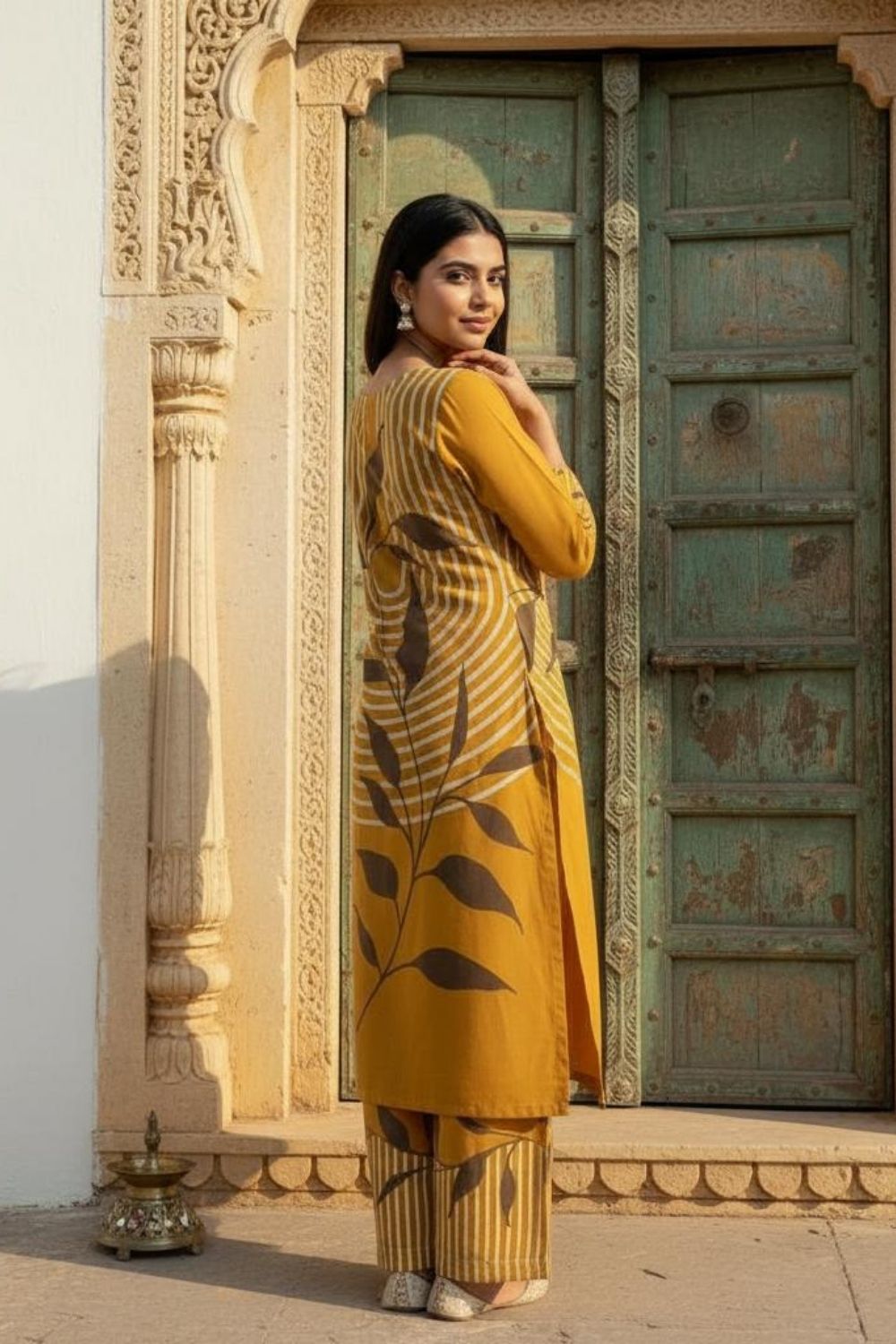 Mustard Leaf Print Kurta Set for Haldi Celebrations Maanver.com