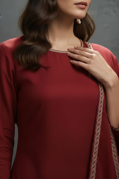 Deep Red Chanderi Silk Blend Kurta-Pant Set Maanver.com