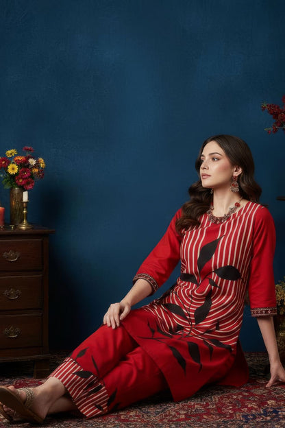 Red Floral Leaf Print Kurta Set