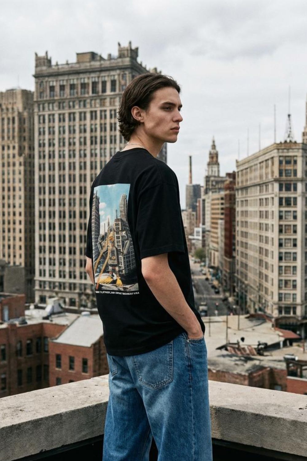 Black Graphic T-Shirt - Robot Duck Cityscape Print Maanver.com