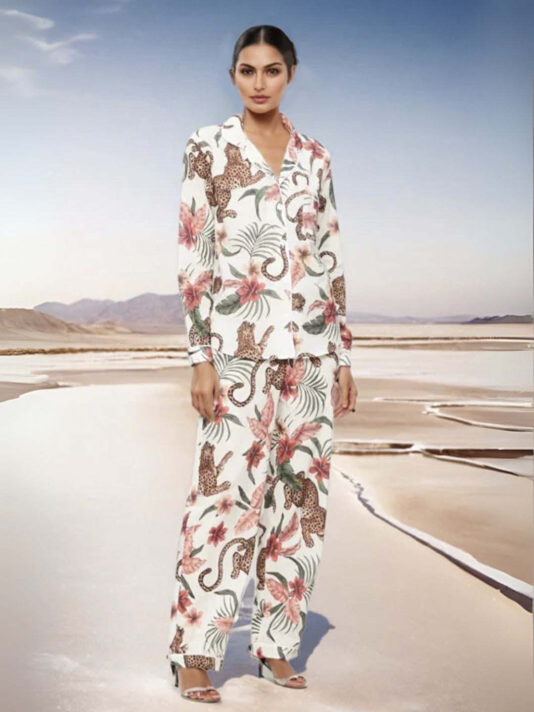 Animal White Print Satin Cotton Coords Maanver.com