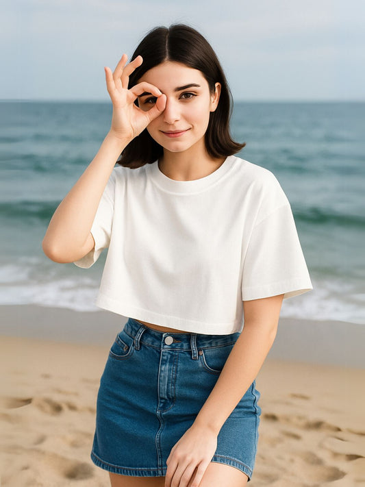 White Relaxed Crop top T-Shirt maanver clothing