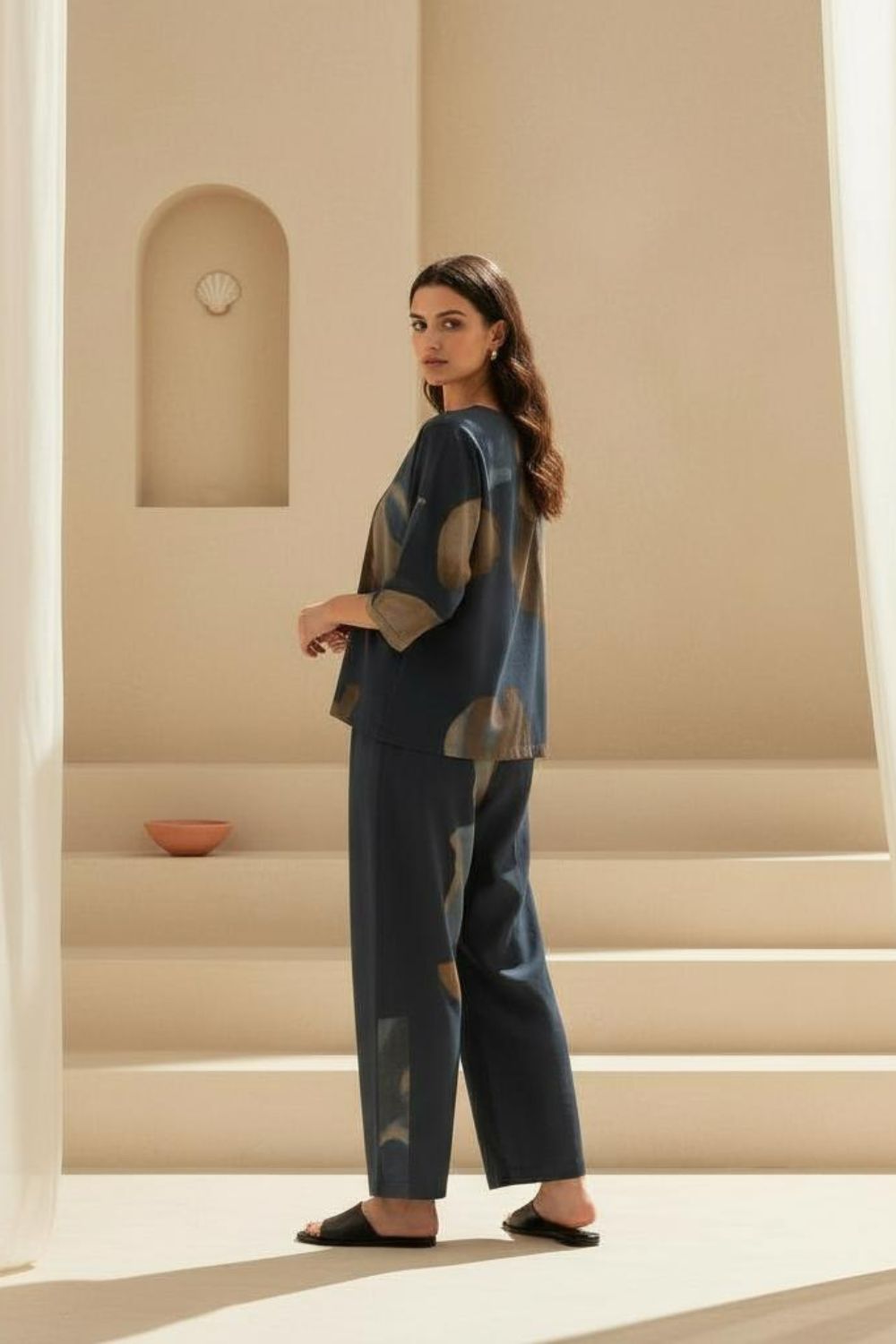 Women's Stylish Loungewear Set-Comfortable Abstract Print Top with Wide Leg Pants, Navy & Earth Tones Maanver.com