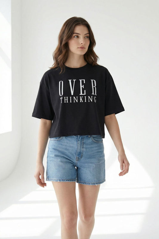 Black Crop Top Over Thinking T-Shirt – Comfortable Cotton Fabric maanver clothing
