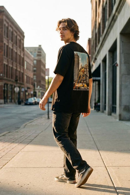 Black Graphic T-Shirt - Robot Duck Cityscape Print Maanver.com