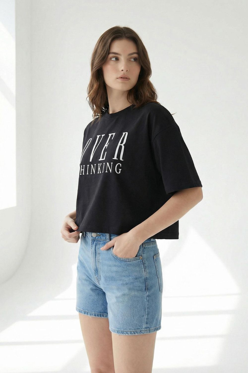 Black Crop Top Over Thinking T-Shirt – Comfortable Cotton Fabric maanver clothing