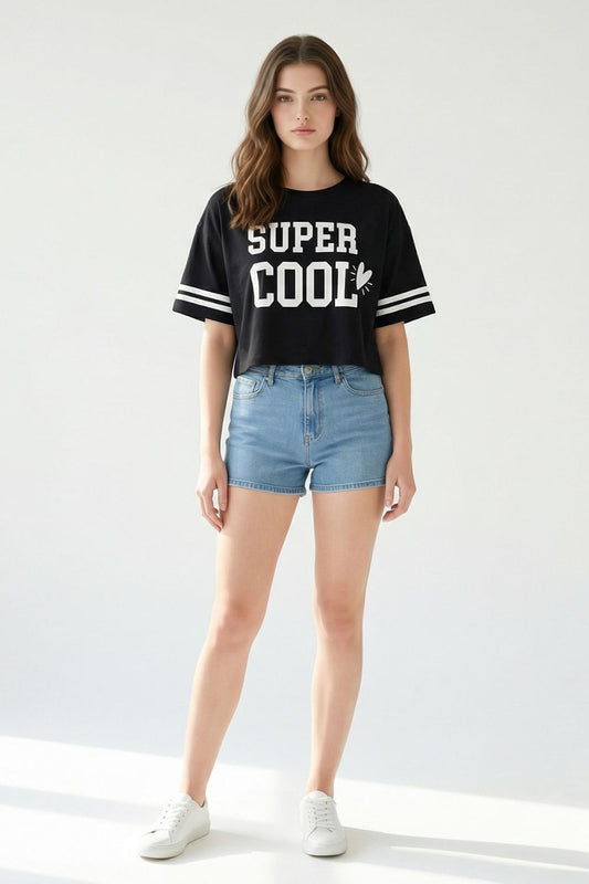 Super Cool Black Crop Top T-Shirt maanver clothing