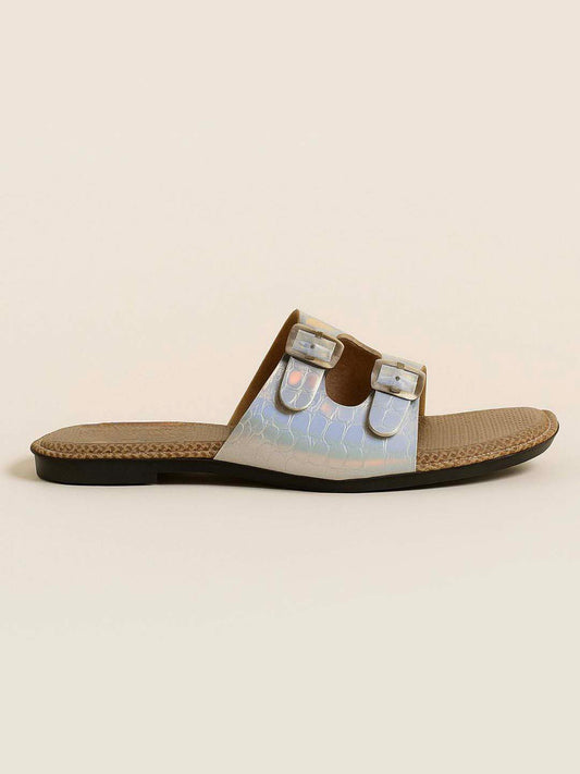 Shimmer Pearl Buckle-Detailed Comfort Sandals