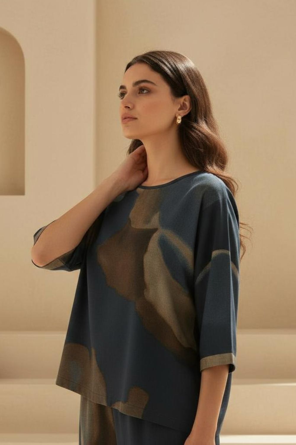 Women's Stylish Loungewear Set-Comfortable Abstract Print Top with Wide Leg Pants, Navy & Earth Tones Maanver.com